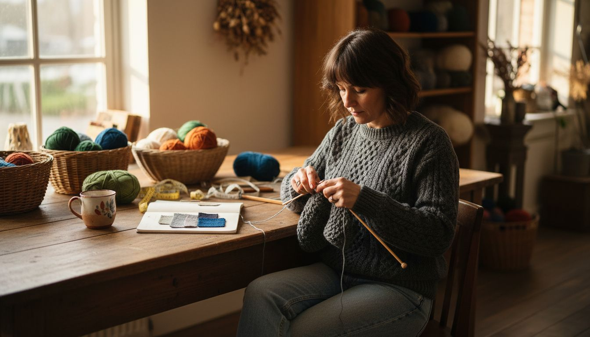 Artisan knitting sweater in sunlit craft studio