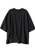 A black oversized short-sleeve t-shirt with a relaxed, draped silhouette, shown against a plain white background.