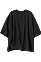 A black oversized short-sleeve t-shirt with a relaxed, draped silhouette, shown against a plain white background.