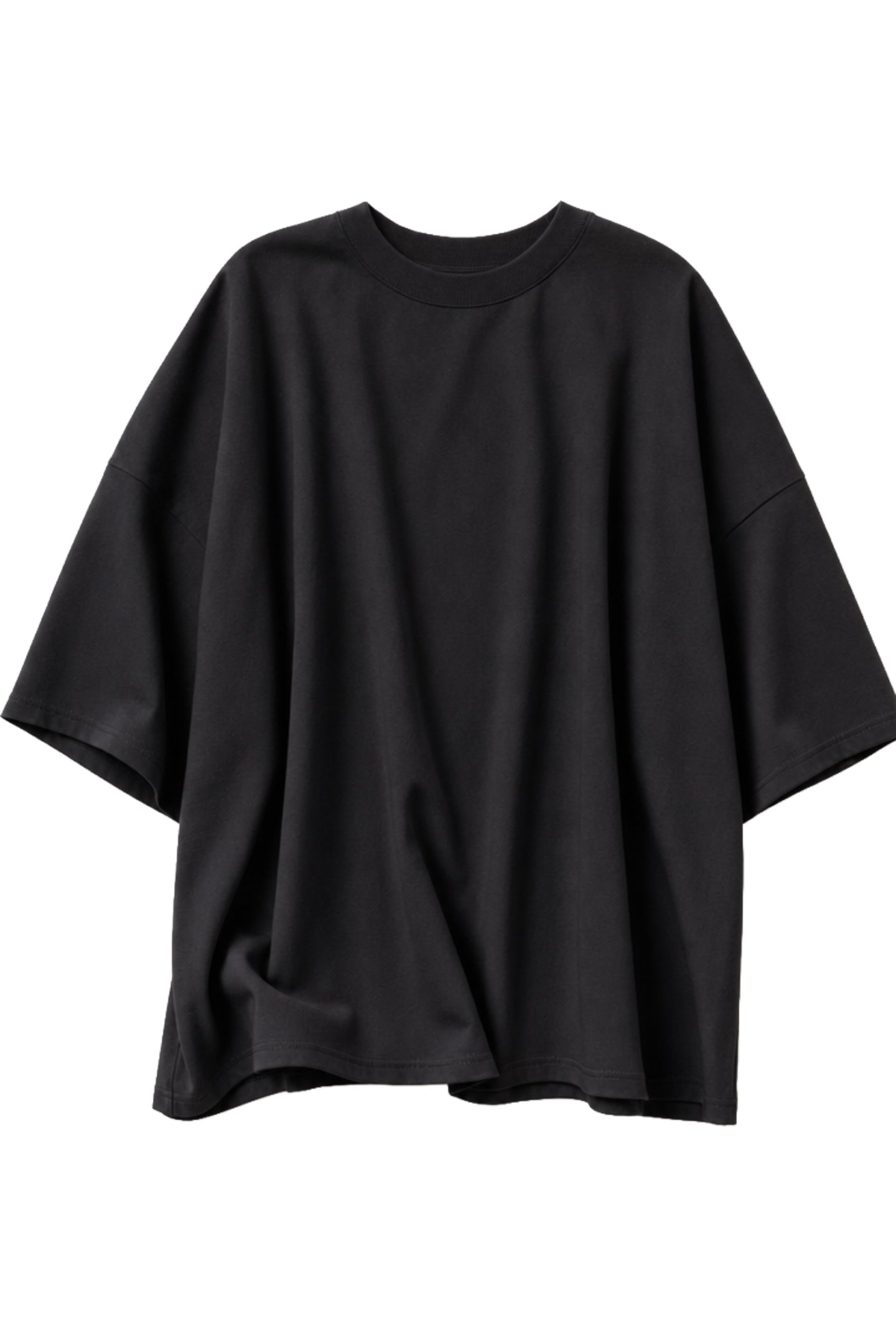 A black oversized short-sleeve t-shirt with a relaxed, draped silhouette, shown against a plain white background.