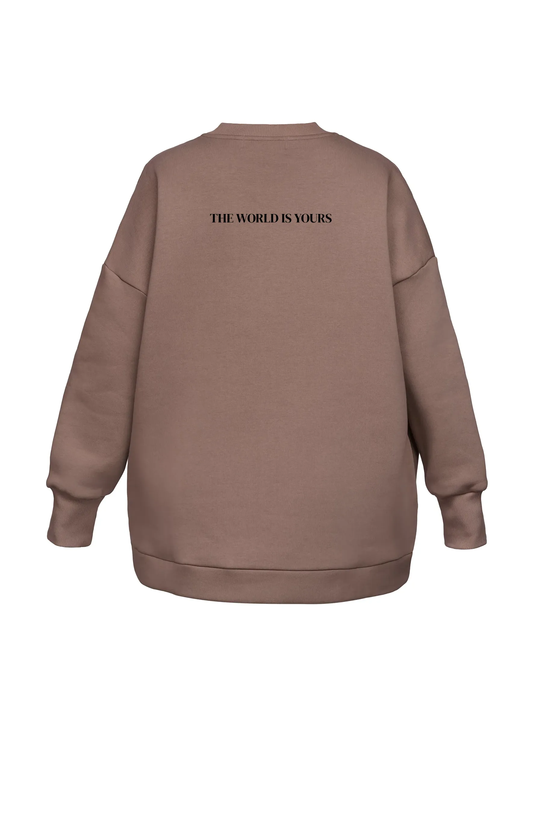 Brown sweatshirt with 'THE WORLD IS YOURS' text on the back against a white background