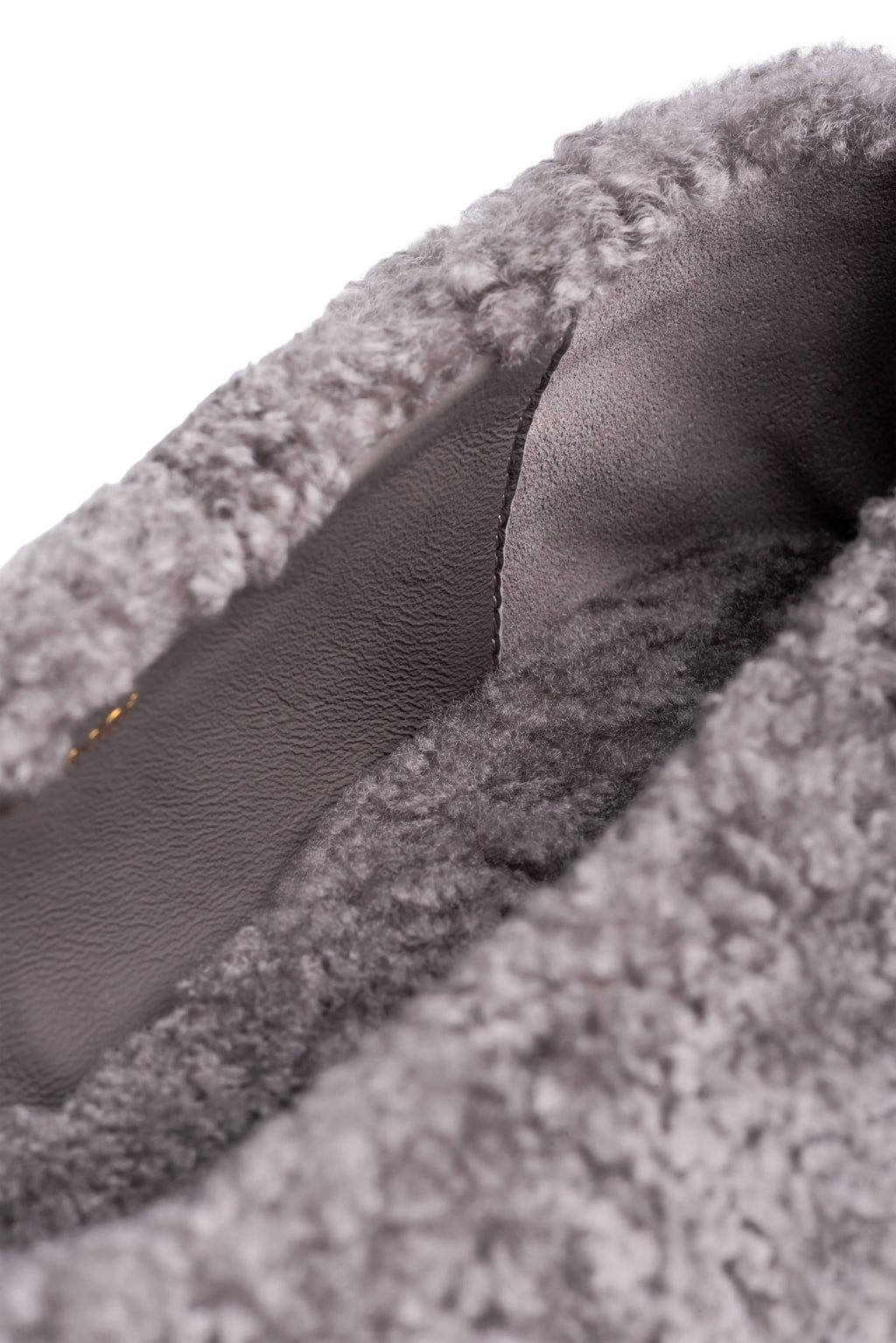 Gray shearling and leather detail