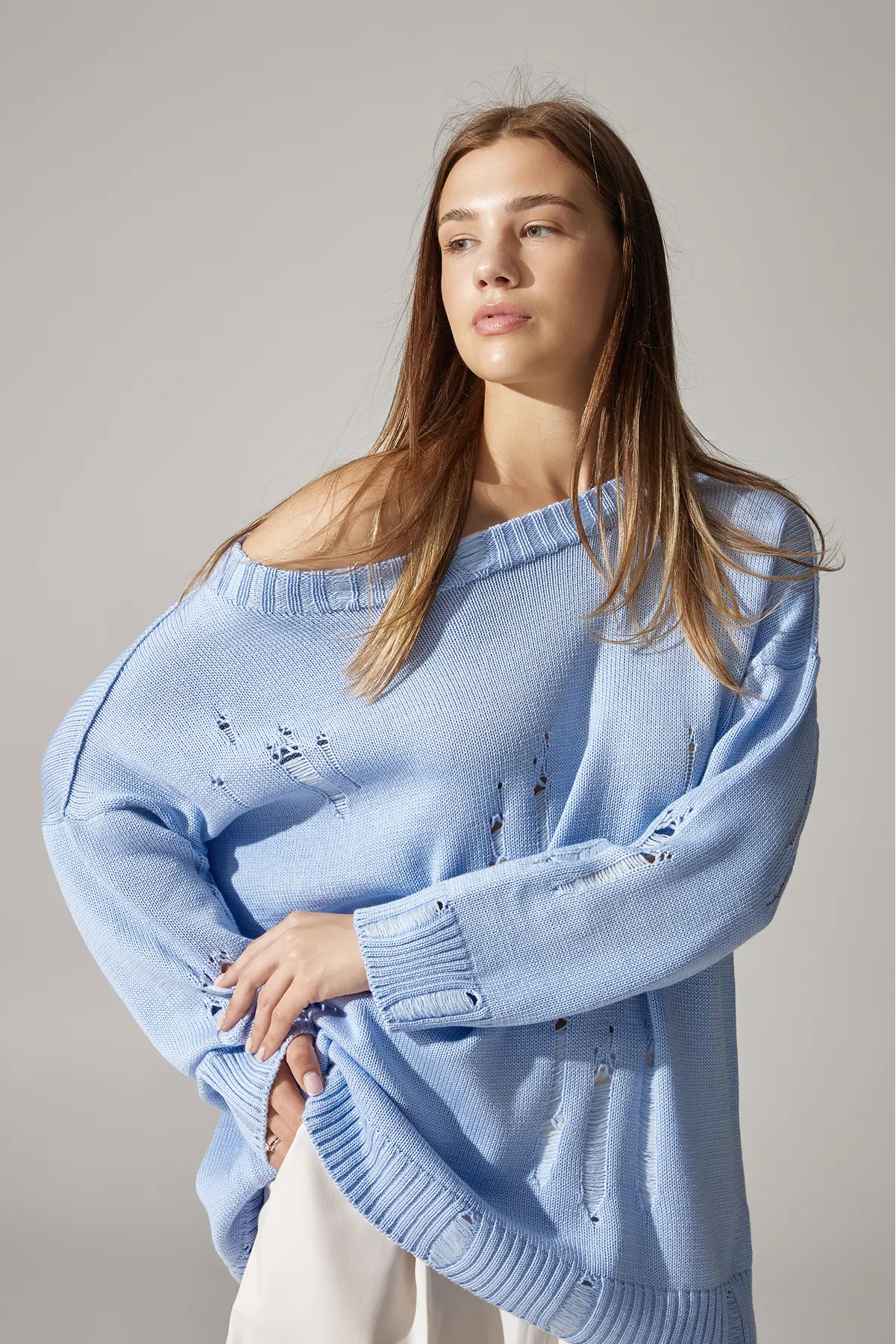 Ripped Merino Wool Sweater | Sky Blue