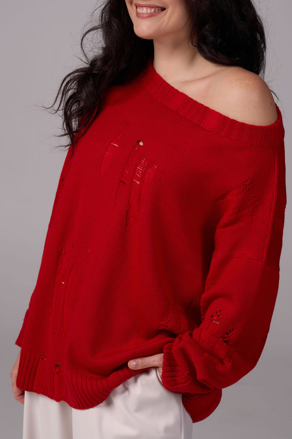 Ripped Merino Wool Sweater | Red
