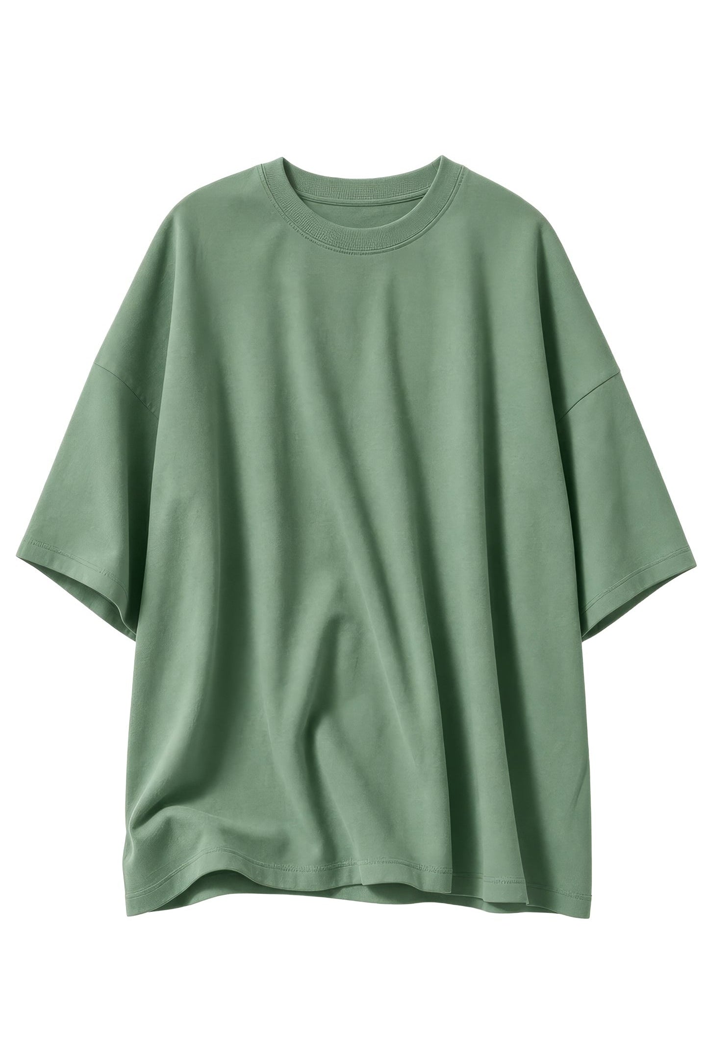A sage green oversized short-sleeve t-shirt with a relaxed fit, displayed against a solid white background.