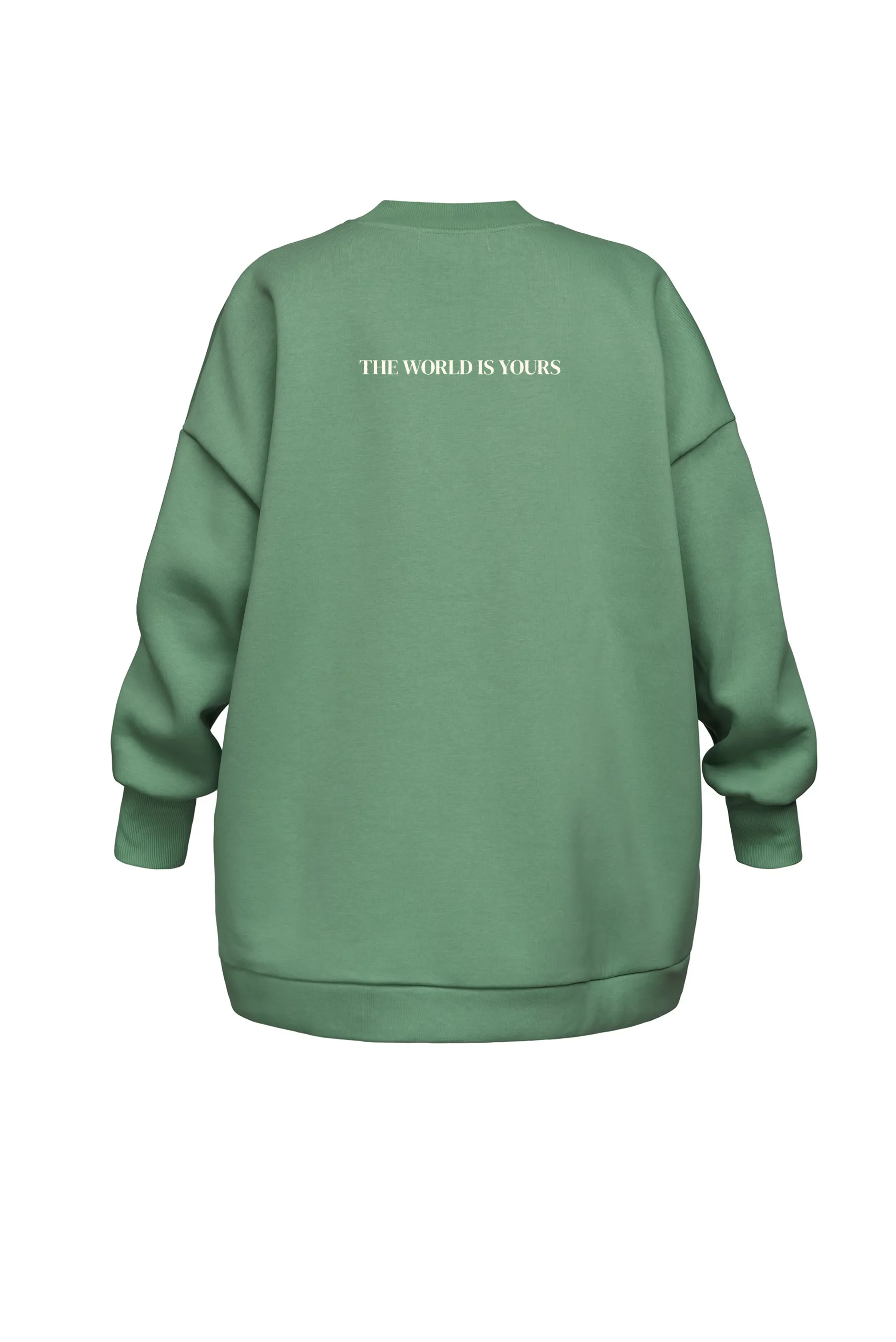 Green sweatshirt with 'The World is Yours' text on the back against a white background
