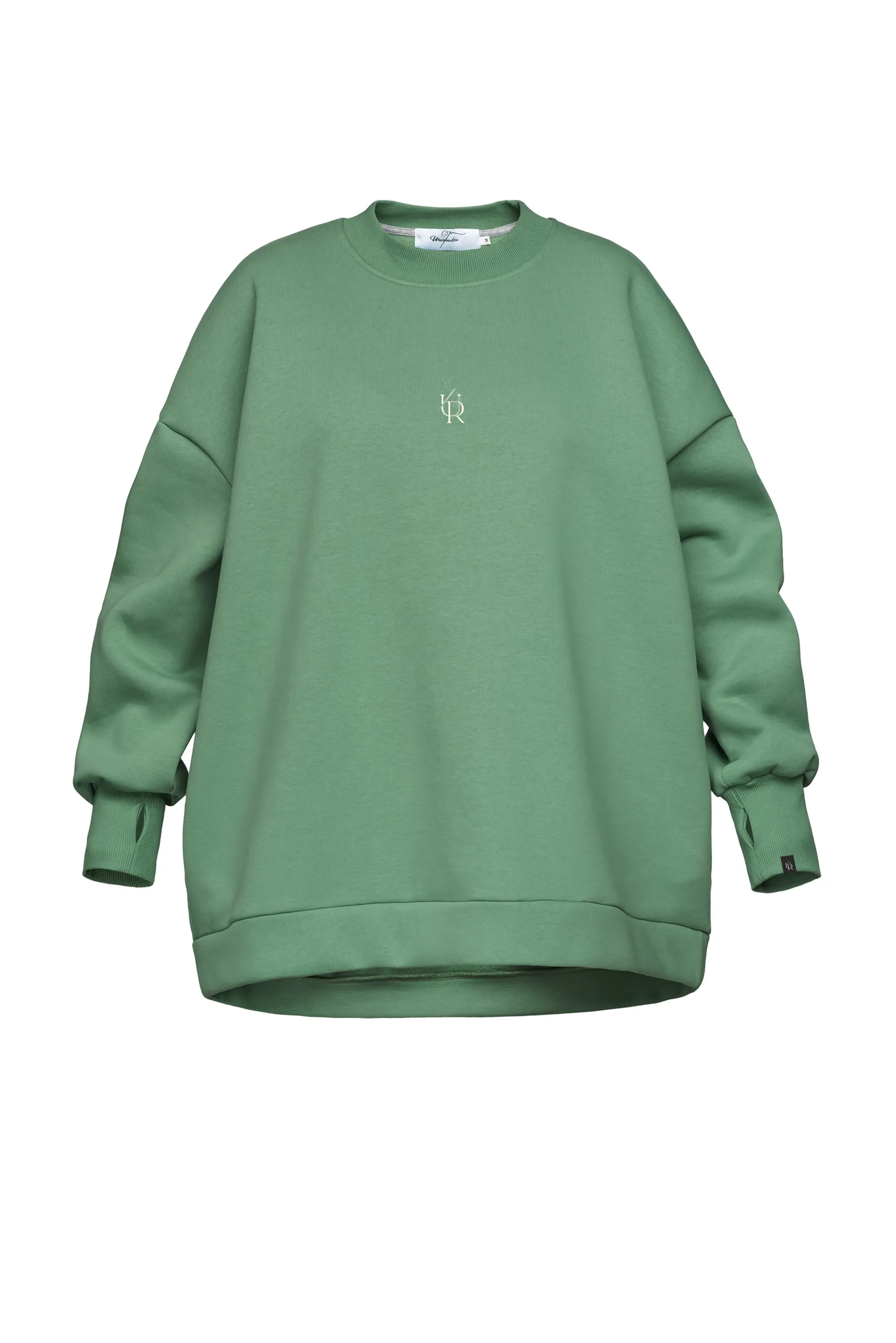 Green sweatshirt with a small logo on a white background