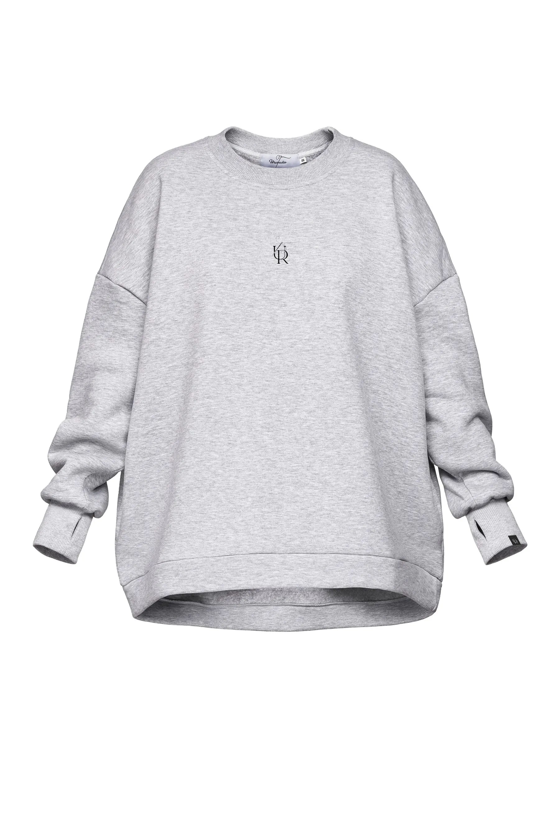 Gray sweatshirt with a small logo on a white background