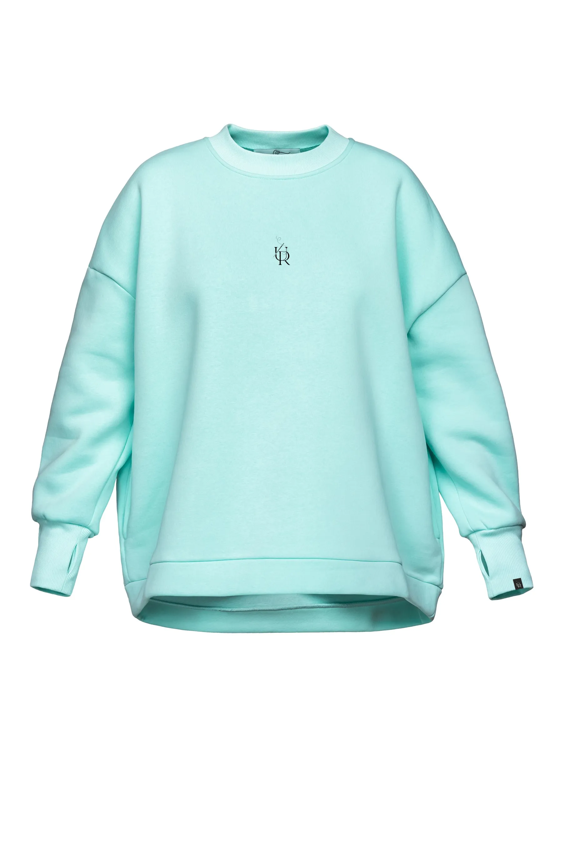 Light blue sweatshirt with a small logo on a white background